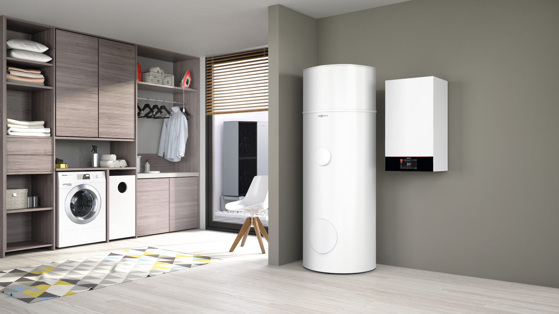 Vitocal 150-A im Hauswirtschaftsraum mit Vitocell Modular Speicher